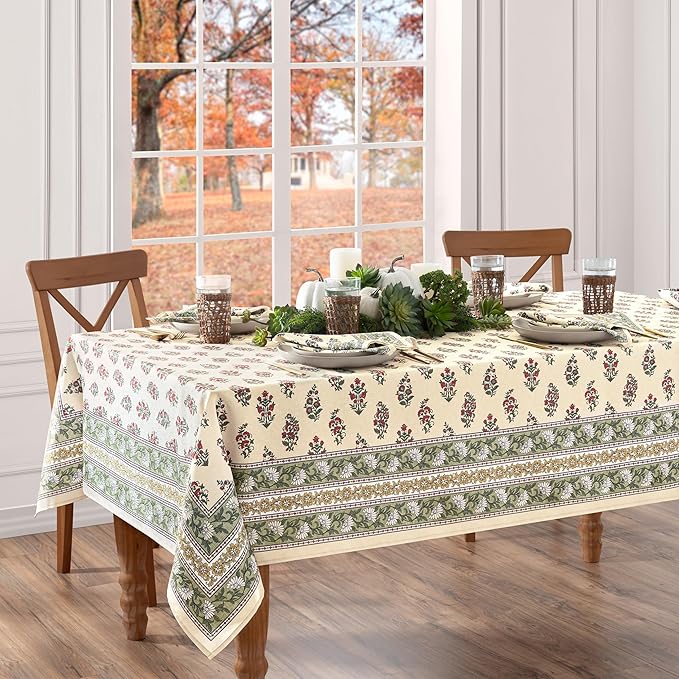 Elrene Home Fashions Nomad Harvest Block Print Fall/Thanksgiving Rectangle Tablecloth, 60"x84"