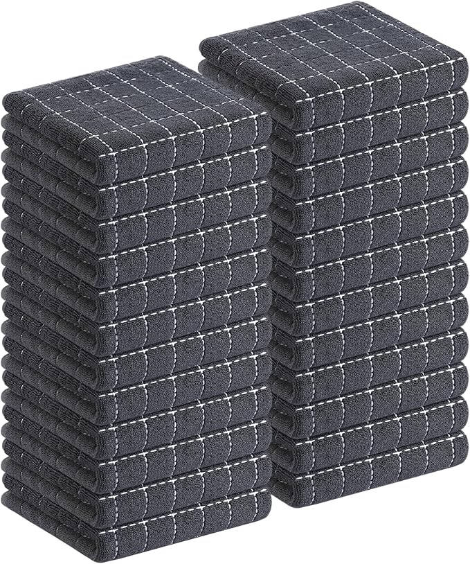 Homaxy 100% Cotton Terry Kitchen Towels(Dark Grey, 13 x 28 inches), Checkered Designed, Soft and Super Absorbent Dish Towels, 24 Pack