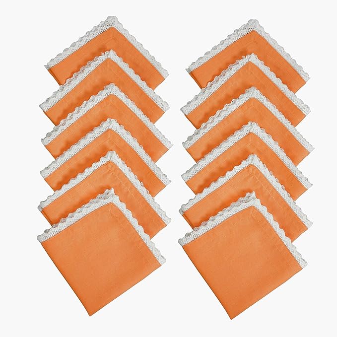 Fingercraft Dinner Cloth Napkin Cotton Linen Blend 12 Pack 12In Mitered Corners with Elegant Lace for Everyday Use Napkins Cloth are Pre Shrunk and Good Absorbency Rust Easter Color