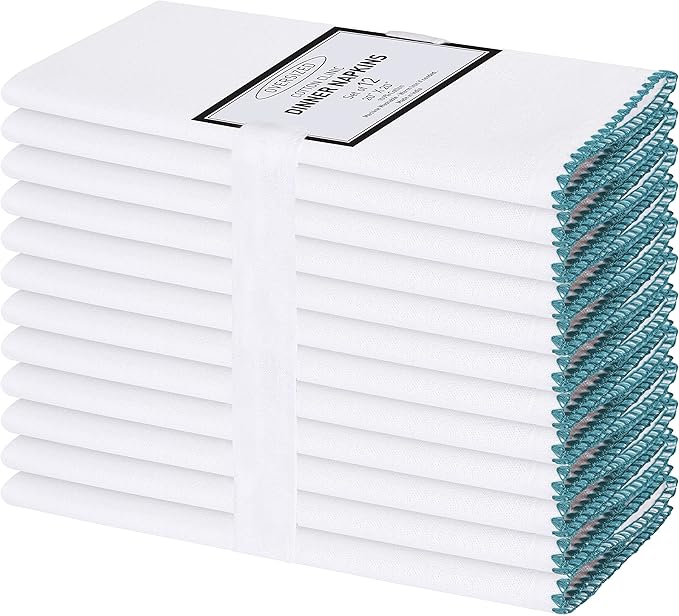 Cotton Clinic Cloth Napkins with Trim - Everyday Use Table Dinner Napkins - Soft Durable Washable - Ideal for Dinner Party Wedding Christmas Easter - Set of 12-20x20 inches Teal White Napkins