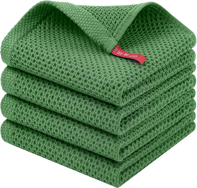 Homaxy 100% Cotton Waffle Weave Kitchen Dish Cloths, 4-Pack Ultra Soft Absorbent Dish Towels, Quick Drying Dish Rags, 12 x 12 Inches, Grass Green
