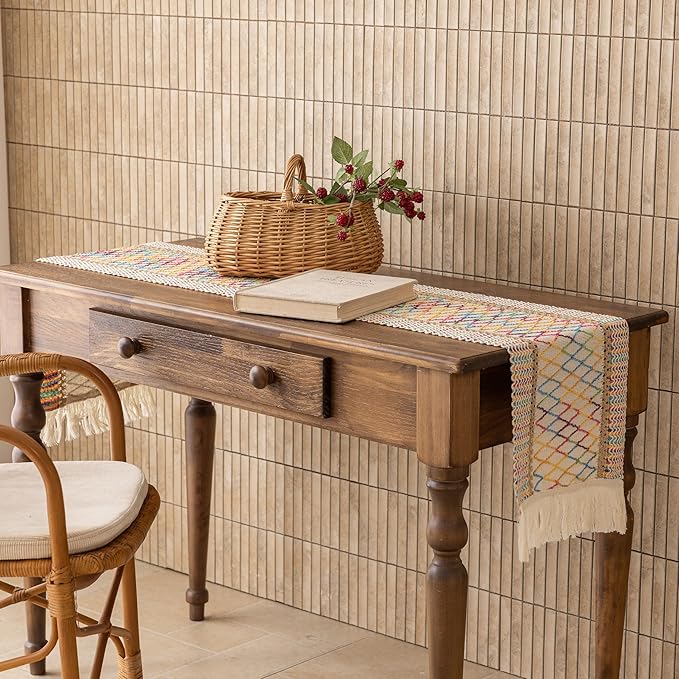 Keketoarrange Boho Spring Table Runner Colorful for Home Decorations 12x72 Inches Farmhouse Small Macrame Woven Burlap Rustic Coffee Dresser Table Runner Dining Kitchen Centerpiece Bohemian Decor