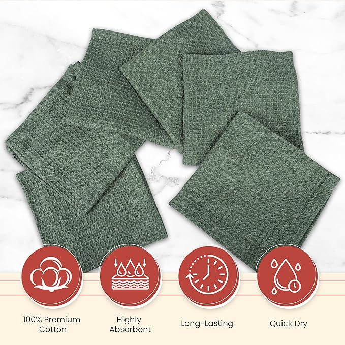 Vintage Vista 100% Cotton Waffle Dish Cloths (Pack of 6) - Dish Rags for Washing Dishes - Reusable & Highly Absorbent Kitchen Towels - Kitchen Rags fo Easter - (12" x 12" - Hunter Green)