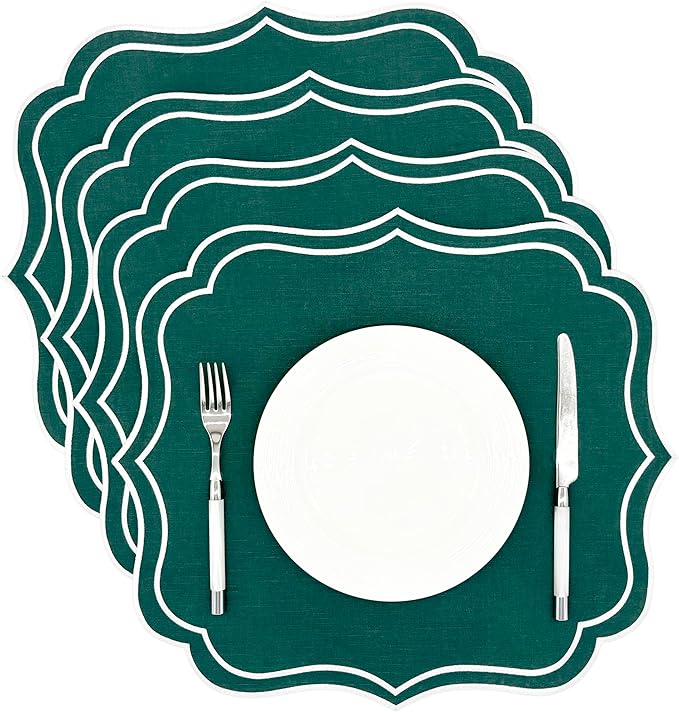 Cotton Linen Placemats Set of 4 - Double Layered, Machine Washable, Wrinkle Resistance, Scalloped & Embroidered Cloth Table Mats - Spring, Summer Mat, Gift for Mom, 19 x 17 inch, Green