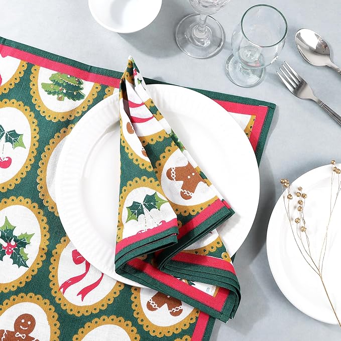 FINGERCRAFT Cloth Napkins, Set of 12 Cotton Linen Blend Printed Dinner Napkins Cloth Mitered Corner Perfect for Parties Dinners Christmas 20x20 Vintage