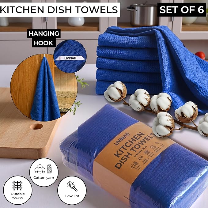 Highly Absorbent Cotton Dish Towels for Drying - Set of 6 Royal Blue Kitchen Towels - 18"X28" Lint Free Waffle Weave Cloth Linen Hand Bathroom Bulk Dishtowels