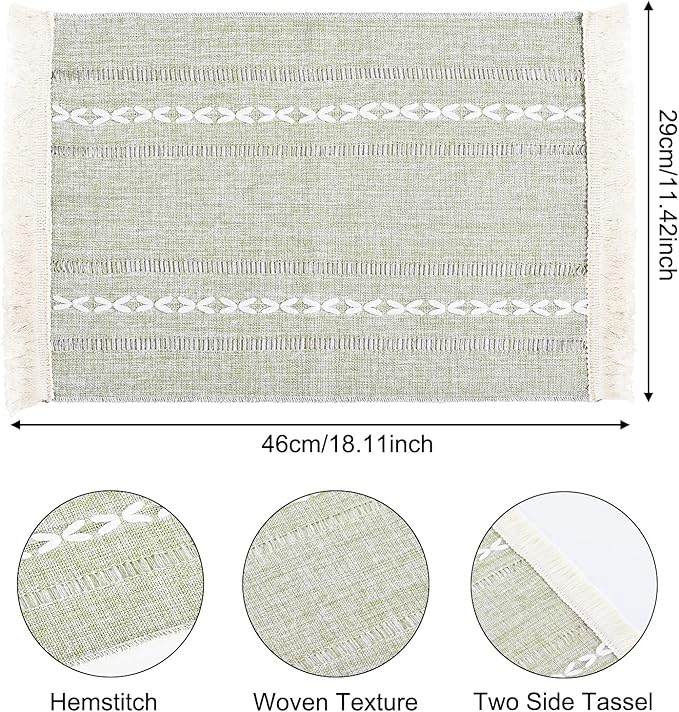 Cotton Linen Placemats Set of 6, Boho Hemstitch Place Mats with Fringe, Washable Table Mats for Dining Table, Rustic Farmhouse Kitchen Decor Home Decor