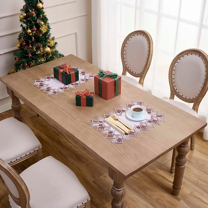 White Dark Red Linen Lace Placemats 14”x20” Set of 2 Coffee Table Topper Dresser Scarf Place Mats (Set of 2, Dark Red)