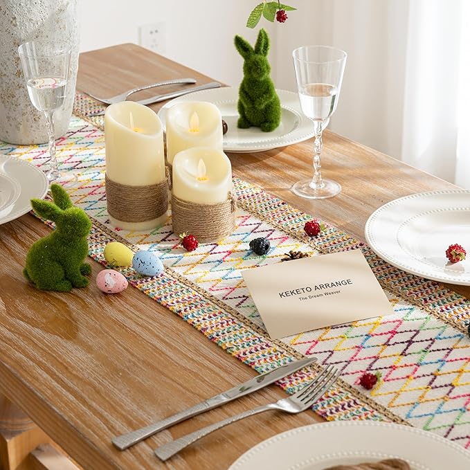 Keketoarrange Boho Spring Table Runner Colorful for Home Decorations 12x72 Inches Farmhouse Small Macrame Woven Burlap Rustic Coffee Dresser Table Runner Dining Kitchen Centerpiece Bohemian Decor