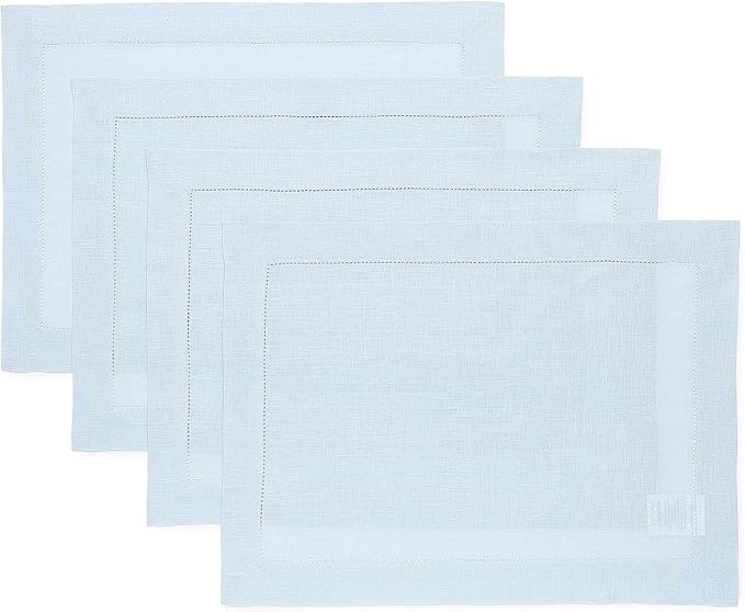 Solino Home Linen Placemats Set of 4 - Classic Hemstitch Light Blue Placemats 14 x 19 Inch - 100% Pure Linen Table Mats for Spring, Summer, Mothers Day