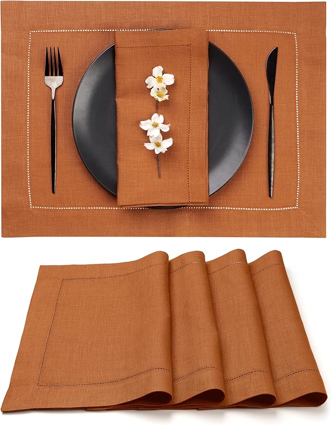 D'Moksha Homes Rust Linen Placemats Set of 4 - Classic Hemstitch Placemats 14 x 19 Inch - 100% Pure Linen Table Mats for Spring - Handcrafted and Machine Washable
