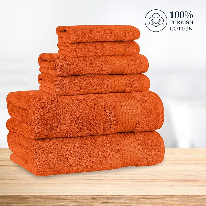 Mocassi Luxury 100% Turkish Cotton 6-Piece Towel Set - Ultra Soft, Quick Dry Highly Absorbent Premium Spa Hotel Quality Bath Towels, Includes 2 Bath Towels, 2 Hand Towels and 2 Washcloths, Orange