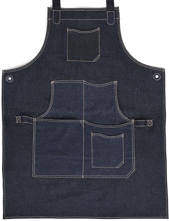 One Size Fits Utility Apron | Adjustable Cross-Back Straps | Multi-Use Shop Apron With Tool Pockets By Aaron Leather Goods (Denim, Cotton)