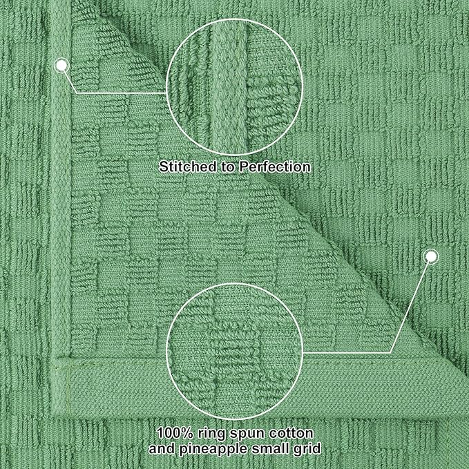 Homaxy 100% Cotton Terry Kitchen Towels(15" x 25", 8 Pack), Soft and Super Absorbent Dish Towels, 380 GSM Reusable Tea Towel with Hanging Loop, Pineapple Grid Designed, Grass Green