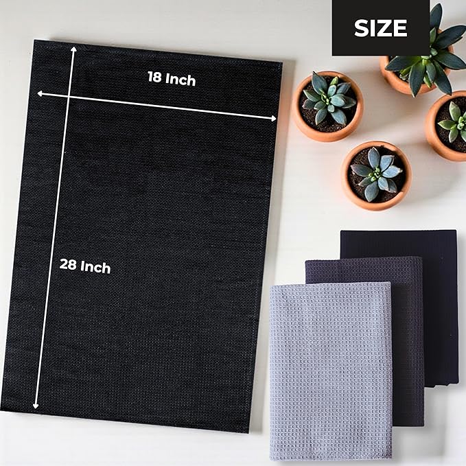 Highly Absorbent Cotton Dish Towels for Drying - Set of 2+2+2 - Light Gray + Dark Gray + Black Kitchen Towels - 18"X28" Lint Free Waffle Weave Cloth Linen Hand Bathroom Bulk Dishtowels