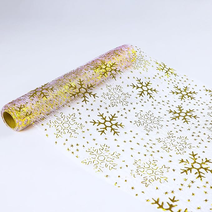 Snowkingdom 2 Pcs Christmas Snowflake Gold Table Runner Sparkly Golden Metallic Foil Runners Decorations Glitter for Winter Festival Holiday Home Party Seasonal