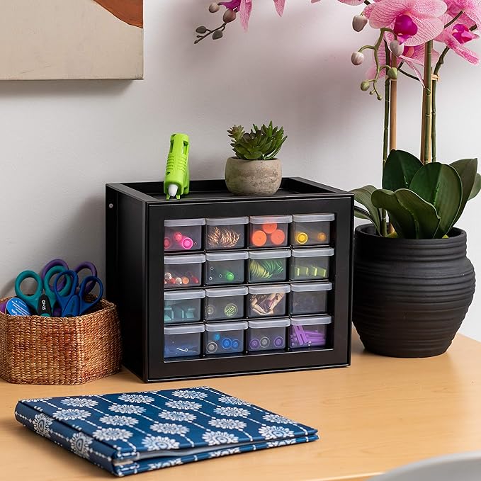 IRIS USA Small Plastic Storage Drawers, Made in USA, 16-Drawer Organizer, Stackable Teacher Toolbox for Crafts, Crayons, Beads, Screws, Hardware, Building Bricks, Desk & Garage Storage – Black