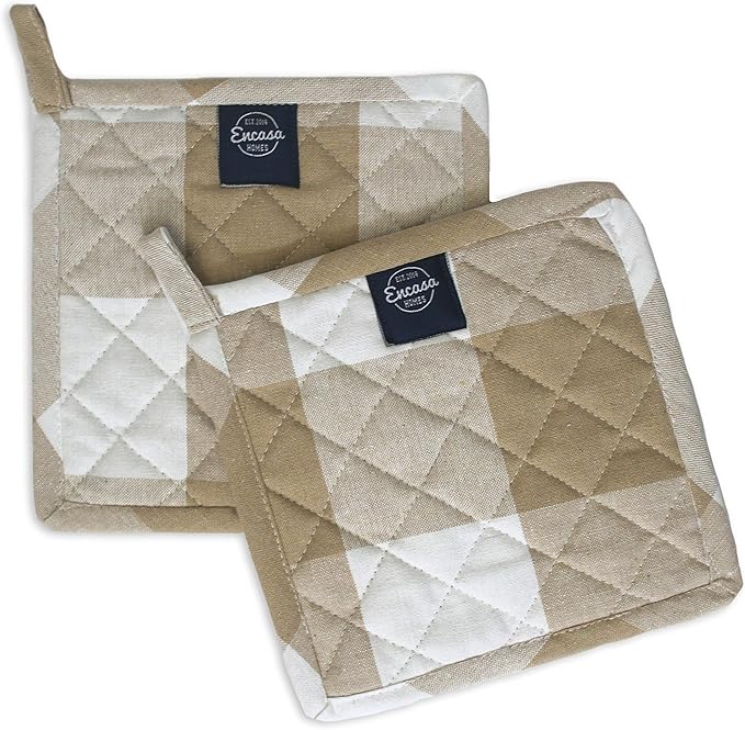 Encasa XO 8 inches Oven Microwave Potholders (2 pc Set) for Kitchen Cooking & Baking - Heat Resistant, Thick & Safe, Protection of Hands from Hot Utensils - Buffalo Beige Checks