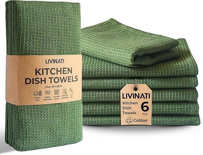 Highly Absorbent Cotton Dish Towels for Drying - Set of 6 Sage Green Kitchen Towels - 18"X28" Lint Free Waffle Weave Cloth Linen Hand Bathroom Bulk Dishtowels