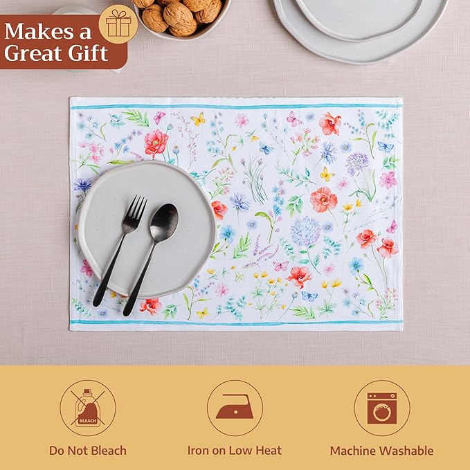 Maison d' Hermine Placemats Set of 4 100% Cotton Washable Cloth Place Mats Reusable Table Mats for Kitchen Dining Party Wedding Gifts for Mothers Day Spring/Summer (Just Floral, 13" x 19")