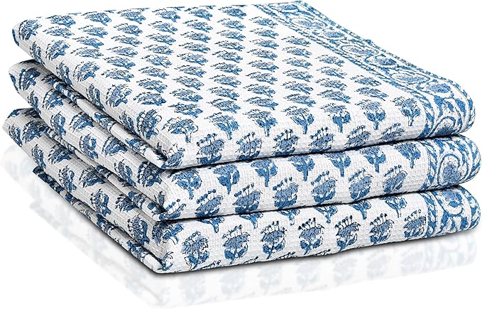 CPC Apatite Blue Hand Block Print Waffle Kitchen Towel Set of 3-16 x28 Ultra Absorbent Quick Dry Cotton Dish Towels Lightweight Reusable Sustainable Tea Towels for Cleaning and Drying