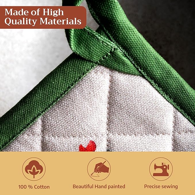 Maison d' Hermine 100% Cotton Oven Mitt & Pot Holder Set (7.5"x13" & 8"x8") Heat Resistant BBQ Cooking Gloves with Loop Baking Grilling Kitchen Gifts for Mothers Day Spring/Summer (Basse Cour)