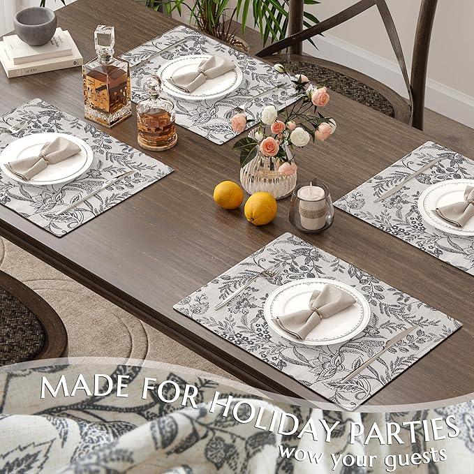 JINCHAN Linen Floral Placemats Set of 4 Cloth Table Mats Rustic Cottagecore Botanical Outdoor Seasonal for Kitchen Dining Table Decor Non-Slip Washable Tablemats 13x19 Inch Black