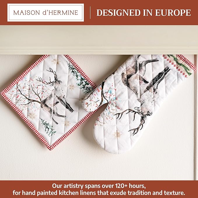 Maison d' Hermine 100% Cotton Oven Mitt & Pot Holder Set (7.5"x13" & 8"x8") Heat Resistant BBQ Cooking Gloves with Loop for Thanksgiving Christmas Decorations Handling Hot Pans (Rural Christmas)