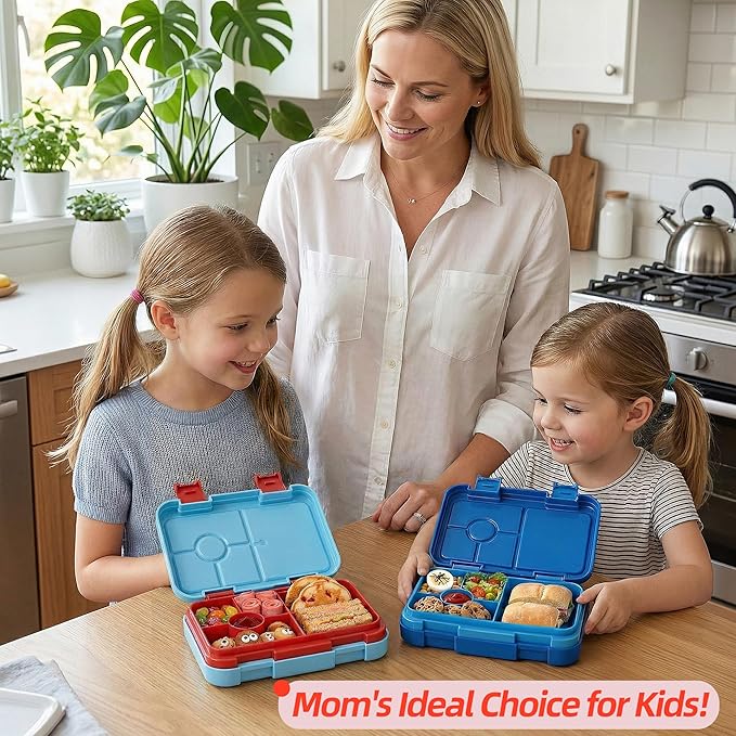 Bento Lunch Box for Kids, 6 Compartments BPA Free, Dishwasher Safe Back to School Snack Bento Lunch Containers Boxes, Ideal Portion Sizes for On-the-Go Meal, Ages 3+, Light Blue Patterned