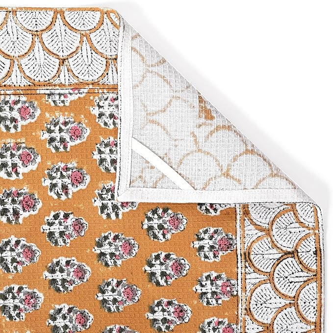 CPC Citrine Yellow Hand Block Print Waffle Kitchen Towel Set of 3-16 x 28 Inch Ultra Absorbent Quick Dry Cotton Dish Towels Lightweight Reusable Sustainable Tea Towels for Cleaning and Drying