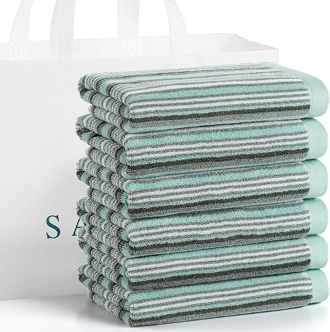 SALAS Premium Cotton Kitchen Dish Towels for Drying Dishes,Large Long Hand Towels, Thick Highly Absorbent Dish Cloth Towel Sets with Hanging Loop, 16" X 26", 6 Pcs,Green