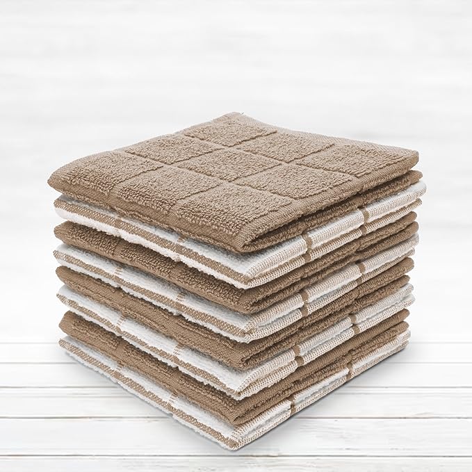 100% Cotton Terry Dish Cloth & Dish Towel, 8 Pack, Super Soft and Absorbent Kitchen Towels, Perfect for Kitchen Cleaning and Dish Washing (TAN (Solid and Checks) 8 Pack)