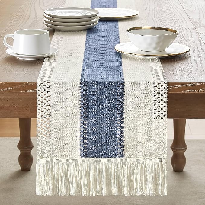 ZeeMart Macrame Style Bicolor Stitching Table Runner, 12 x 90 Inch Blue/Ivory, Boho Blue Table Runners 90 Inches Long, Farmhouse Woven Home Decor