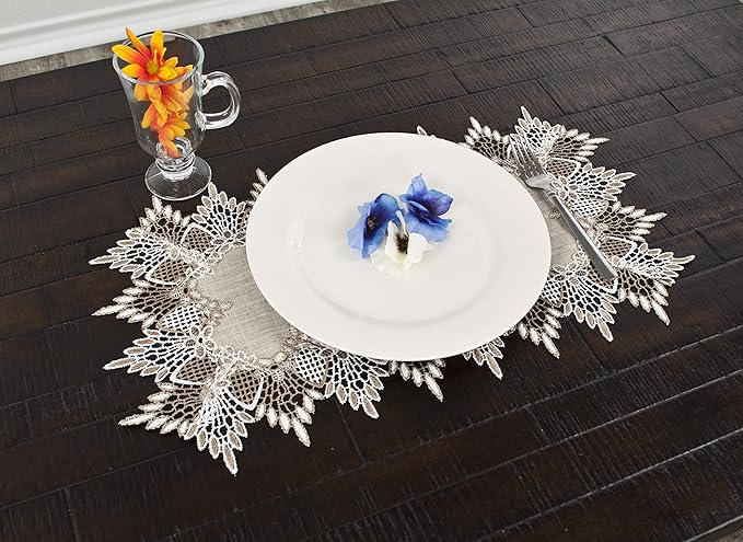 LINENS ART AND THINGS Lace Placemats Neutral Earth Tones Dresser Scarf Coffee Table Runner End Table Doily Brown Beige Set of 2 (13Wx20L)