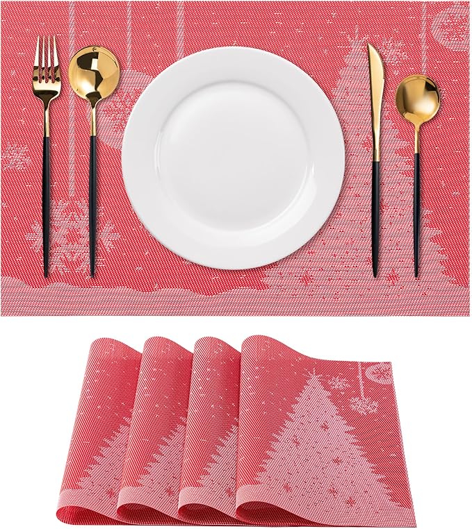 CADONO Placemats Set of 4 Washable Indoor/Outdoor Vinyl Place Mats for Dining Table Durable Non-Slip Heat Resistant PVC Weave Table Mats（Christmas Tree-Red）