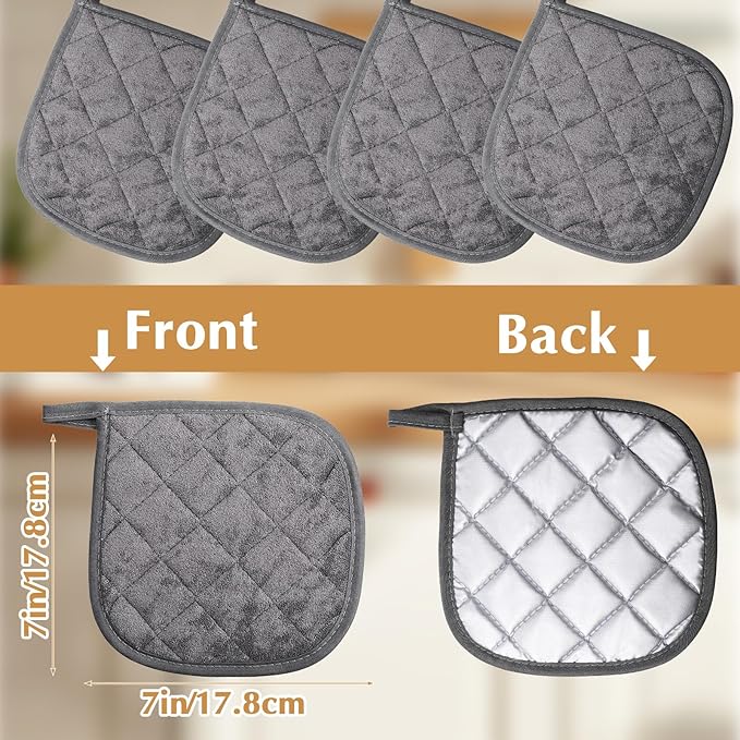 4 Pcs Kitchen Hot Pads Pot Holders Dining Essentials Decor Accessories Terry Cloth Potholders Sets with Hanging Loops for Oven Cooking Baking Pans Heat Resistant, Grey