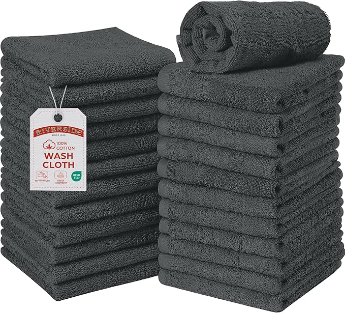 RIVERSIDE Pack of 24 Wash Cloths for Showering, 12 x 12 Inches, Super Soft & Absorbent, 100% Cotton Washcloths Premium Quality Flannel Face Cloths for Bathroom, Gym, Spa (Gray, 24 Pack)