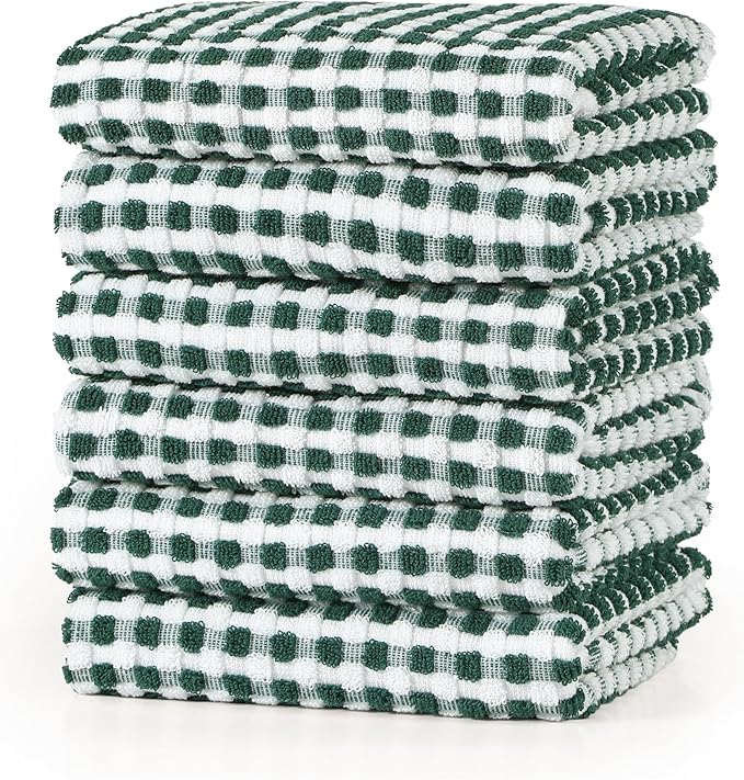 SALAS Cotton Dish Towels Cloths for Kitchen Drying Dishes, Lattice Terry Kitchen Towels, Highly Absorbent Kitchen Cloths with Hanging Loop, 16‘’ x 26‘’, 6 Packs, Green