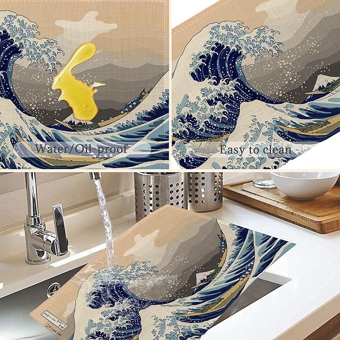 Japanese Style Waves Placemats Set of 6,Washable Heat Resistant 12×18 Inch Linen Table Mats,Place Mats for Party Outdoor Dining Décor