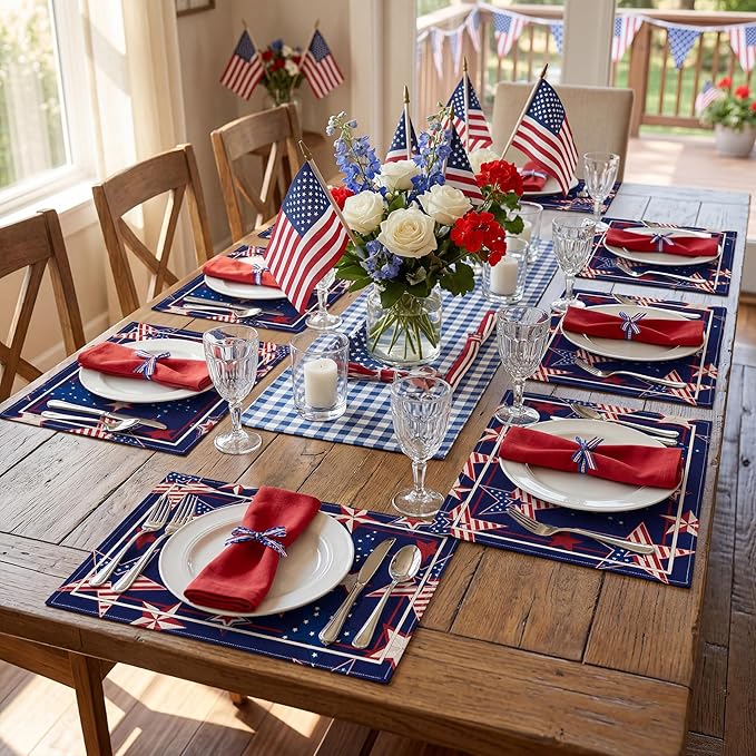4th of July Red White Blue Star Placemats, USA 250th Anniversary 1776-2026 Independence Day Watercolor Star Table Mats, Washable Patriotic Placemats for Memorial Day Party Decor, Set of 6