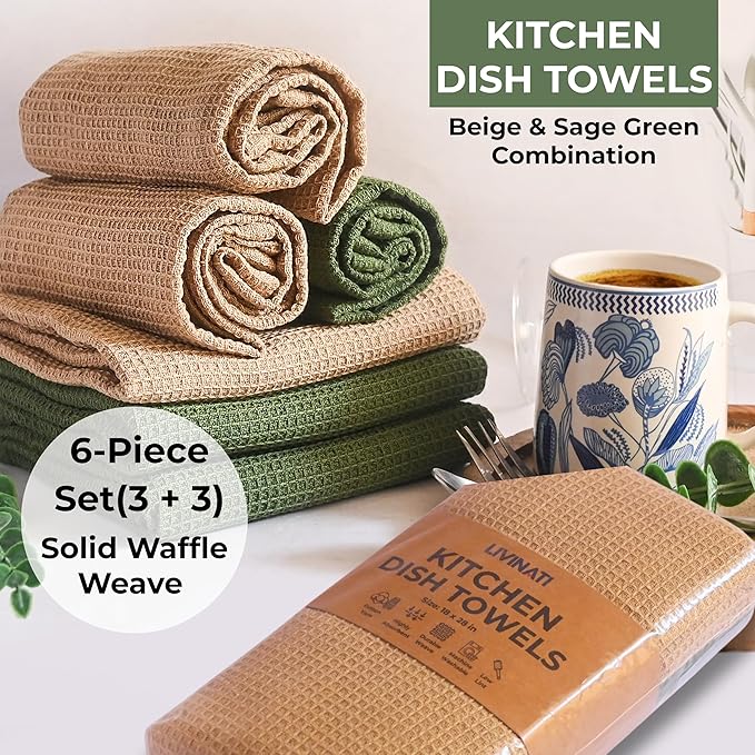 Highly Absorbent Cotton Dish Towels for Drying - Set of 3+3 - Sage Green + Beige Kitchen Towels - 18"X28" Lint Free Waffle Weave Cloth Linen Hand Bathroom Bulk Dishtowels