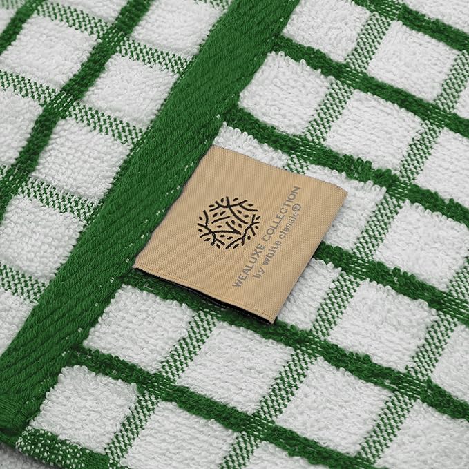 White Classic Premium Dish Towels for Kitchen, with Hanging Loop [8 Pack] Heavy Duty Absorbent 100% Cotton 410 GSM Terry Kitchen Towels, 16x26 (Green)