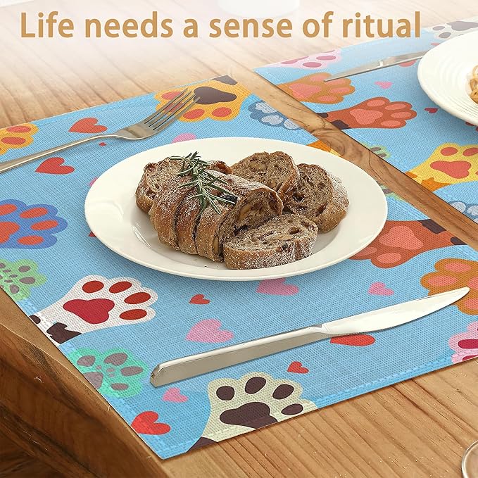 Cute Paws Placemats Set of 6,Dog Cat Table Mates Non-Slip Heat Resistant Washable Linen Place Mats for Party Kitchen Dining Decoration Indoor Outdoor 12"x18"