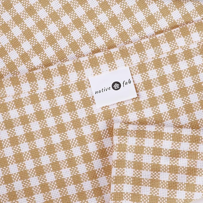 Native Fab Gingham Mini Check Cloth Napkins, Set of 12, 16x16 inches, 100% Cotton, Set of 12, Washable Soft Breathable Absorbent, Beige White