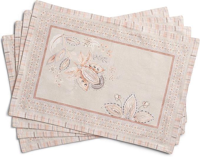Maison d' Hermine Placemats 100% Combed Cotton Premium Set of 4 Dinner Placemat, Decorative Washable Cloth Placemat, Dining, Buffet Parties & Camping - Society Florals (13"x19")