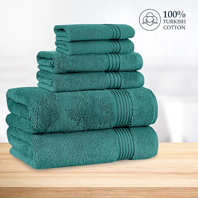 Mocassi Luxury 100% Turkish Cotton 6-Piece Towel Set - Ultra Soft, Quick Dry Highly Absorbent Premium Spa Hotel Quality Bath Towels, Includes 2 Bath Towels, 2 Hand Towels and 2 Washcloths, Turquoise