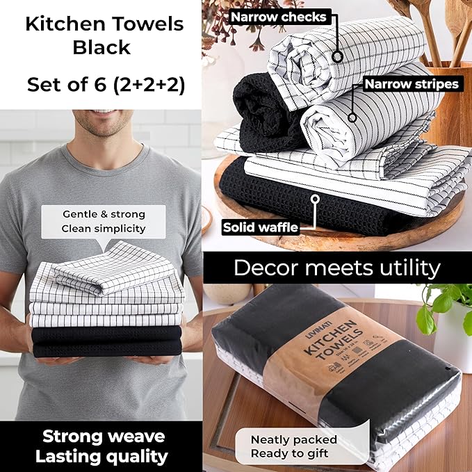 Highly Absorbent Cotton Kitchen Towels for Drying Dishes - Set of 6 Dish Towels - Narrow Black Stripes Plaid Waffle Dishtowels - 18"X28" Large Lint Free Linen Tea Hand Bulk T Towls