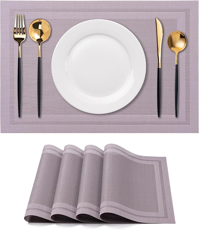 CADONO Placemats Set of 4 Washable Indoor/Outdoor Vinyl Place Mats for Dining Table Durable Non-Slip Heat Resistant PVC Weave Table Mats（Simple Style-Deep Gray）