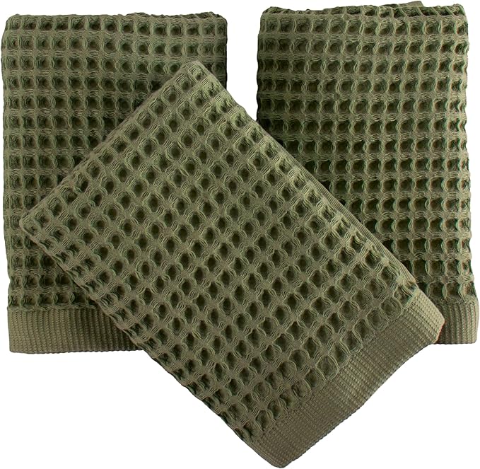 PÜSKÜL Natural 100% Turkish Cotton Waffle Kitchen Towels Set of 3 | Oeko-Tex, Premium Waffle Hand Towels for Bathroom | Soft Absorbent Quick-Dry Lint-Free Dish Towel Large 32x16 inch (3, Khaki Green)