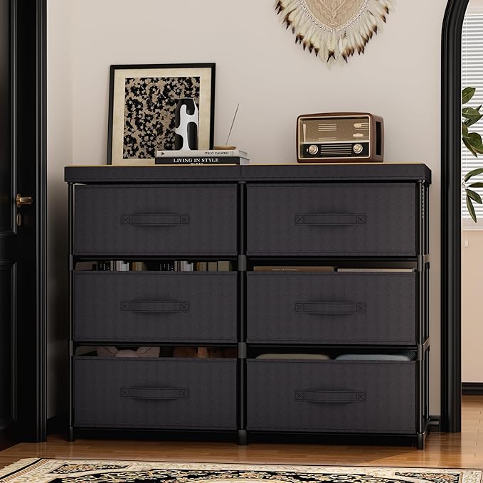 GcdPai Dresser with 6 Fabric Drawer Stand Desktop Sturdy Metal Plastic Support Tube Cube Storage Cabinet for Bedroom Organization Dorm Front Hall Entryway
